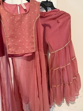 Mauve Pink Sheer Layered 2 piece Indian Party Dress with Gold Accents